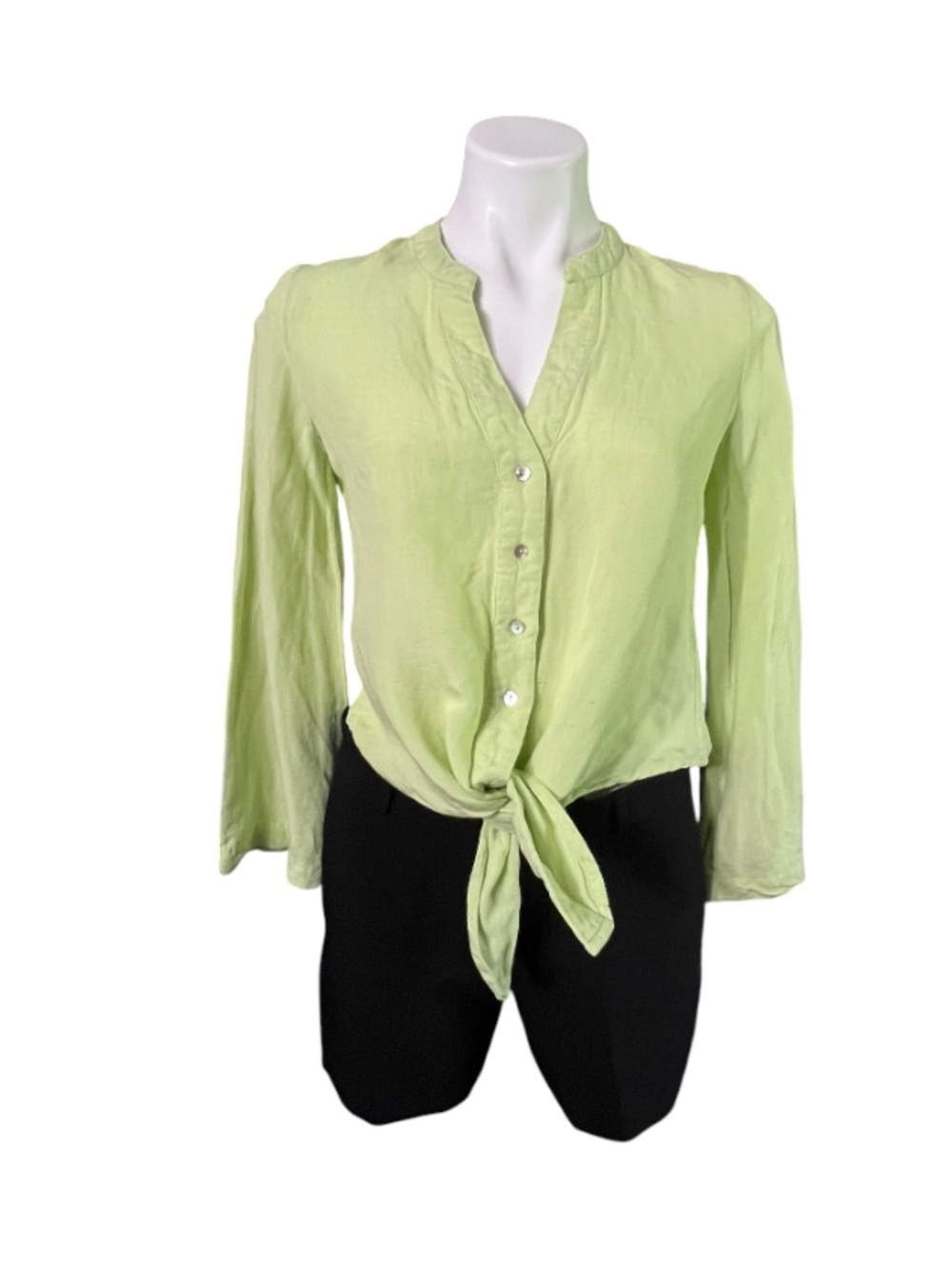 Boston Proper Linen Blend Top Lime Green Bell Sleeve Blouse XXS